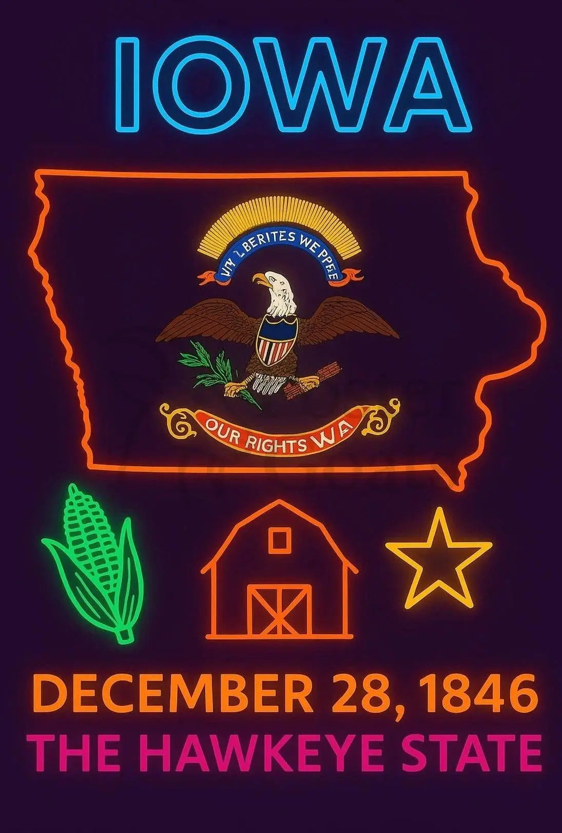 Iowa State Pride Neon Art Cultural Heritage Poster PosterGoat