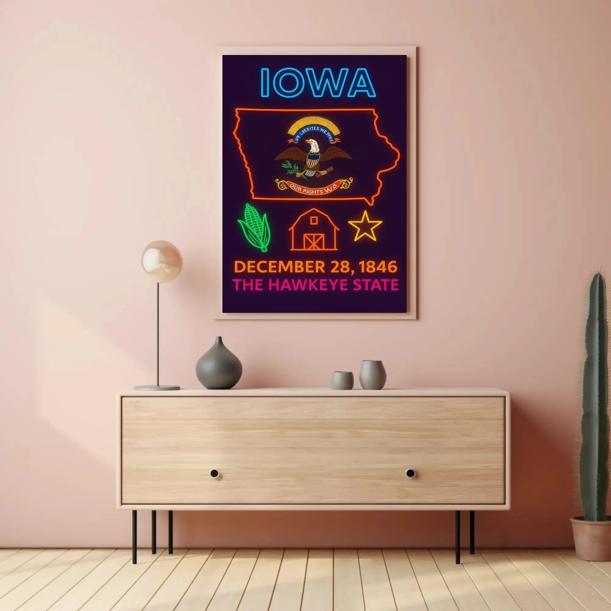 Iowa State Pride Neon Art Cultural Heritage Poster PosterGoat