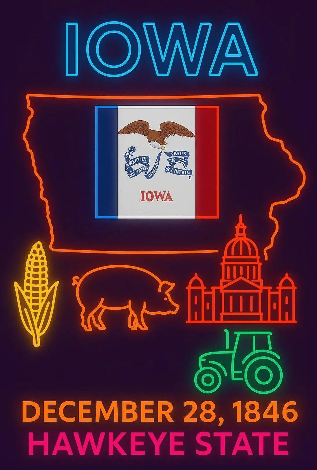 Iowa Statehood Neon Art Cultural Heritage Poster PosterGoat