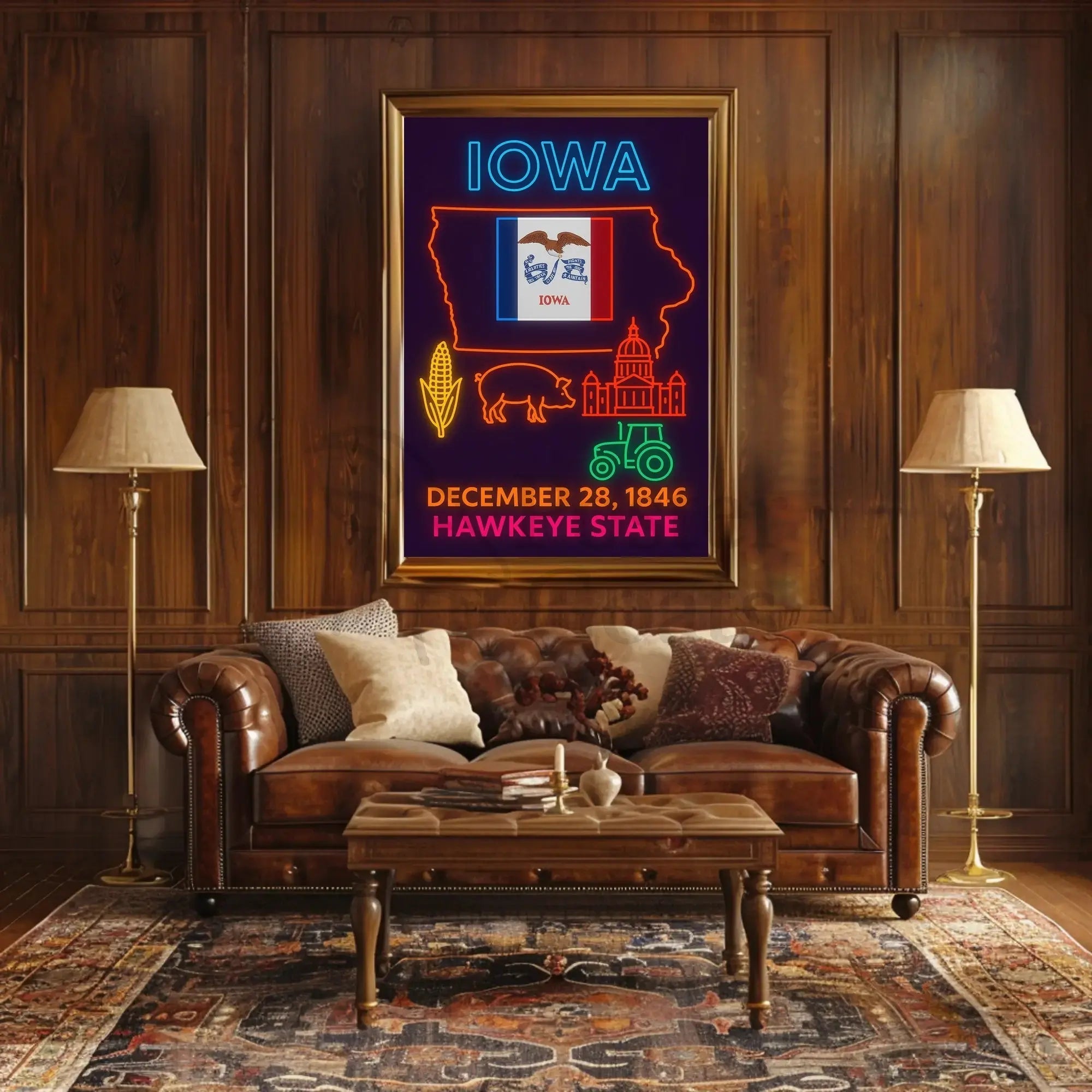 Iowa Statehood Neon Art Cultural Heritage Poster PosterGoat