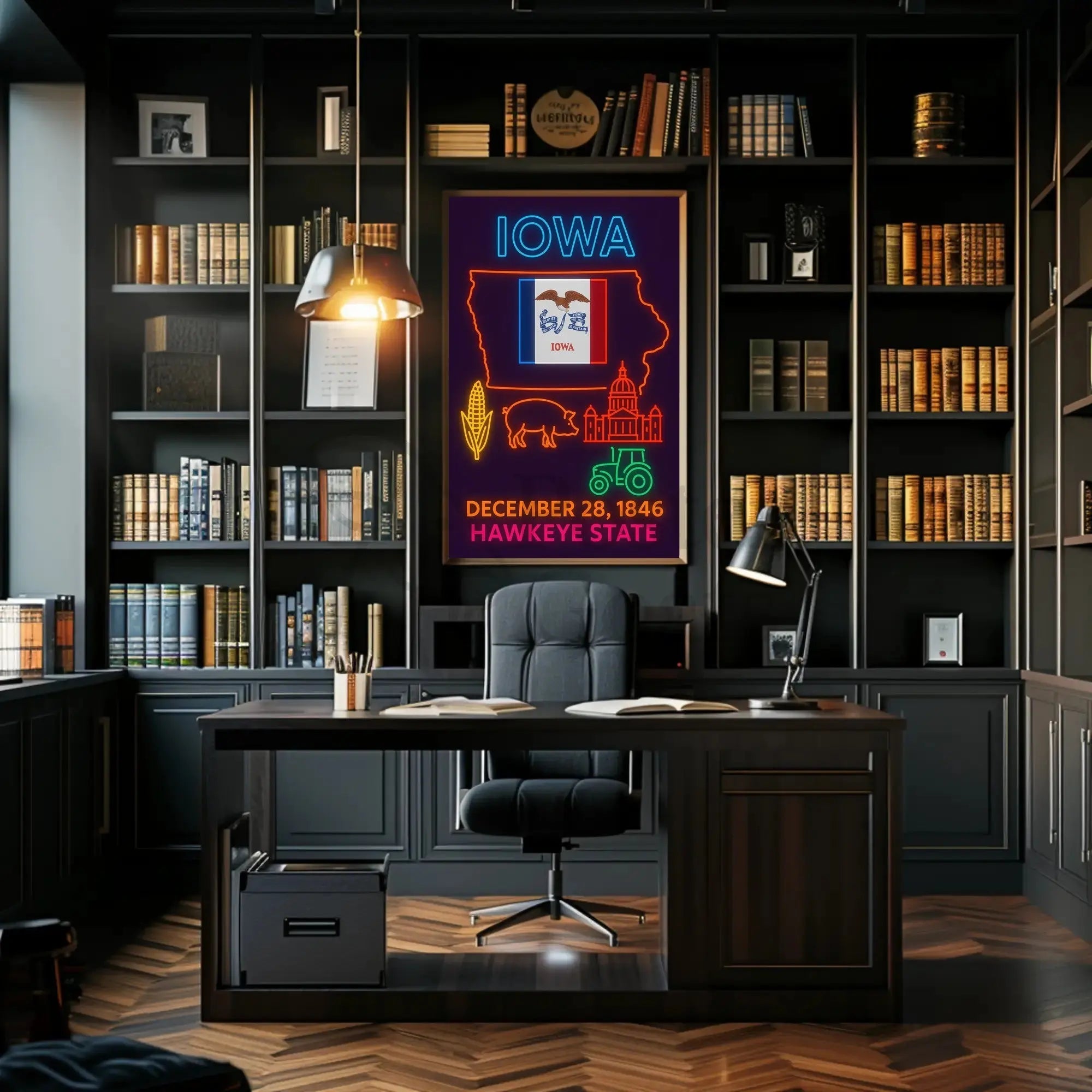 Iowa Statehood Neon Art Cultural Heritage Poster PosterGoat