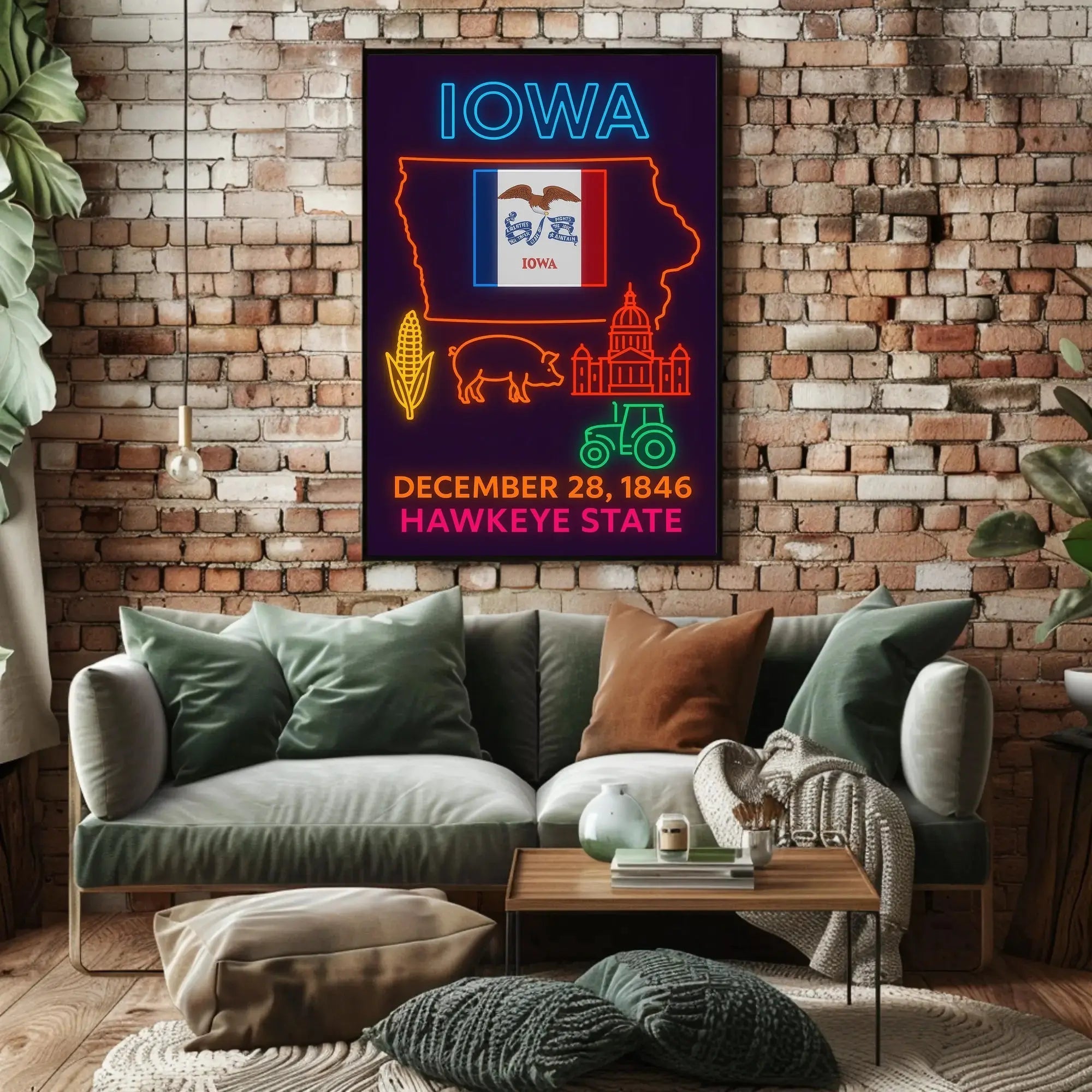 Iowa Statehood Neon Art Cultural Heritage Poster PosterGoat