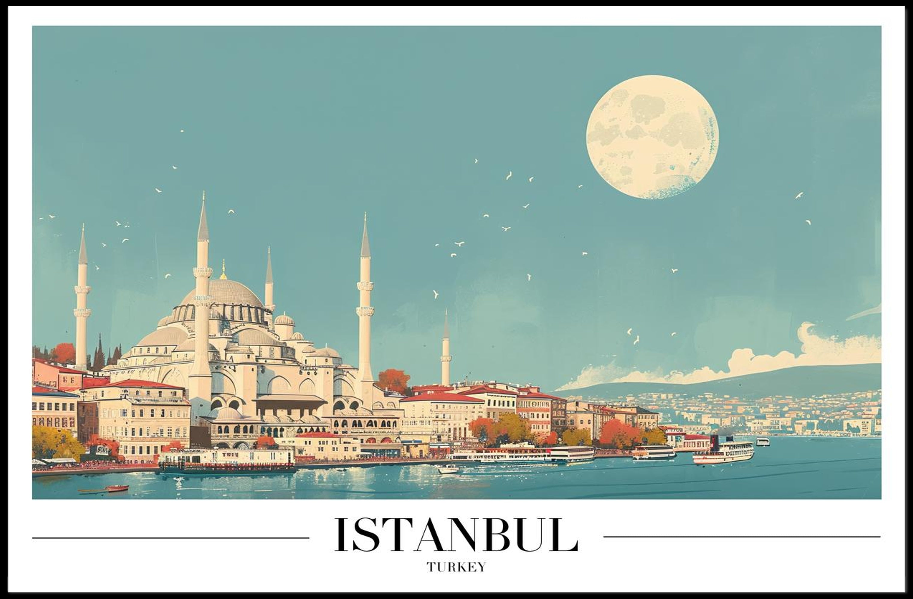 Istanbul Skyline at Moonlight: Travel Poster PosterGoat