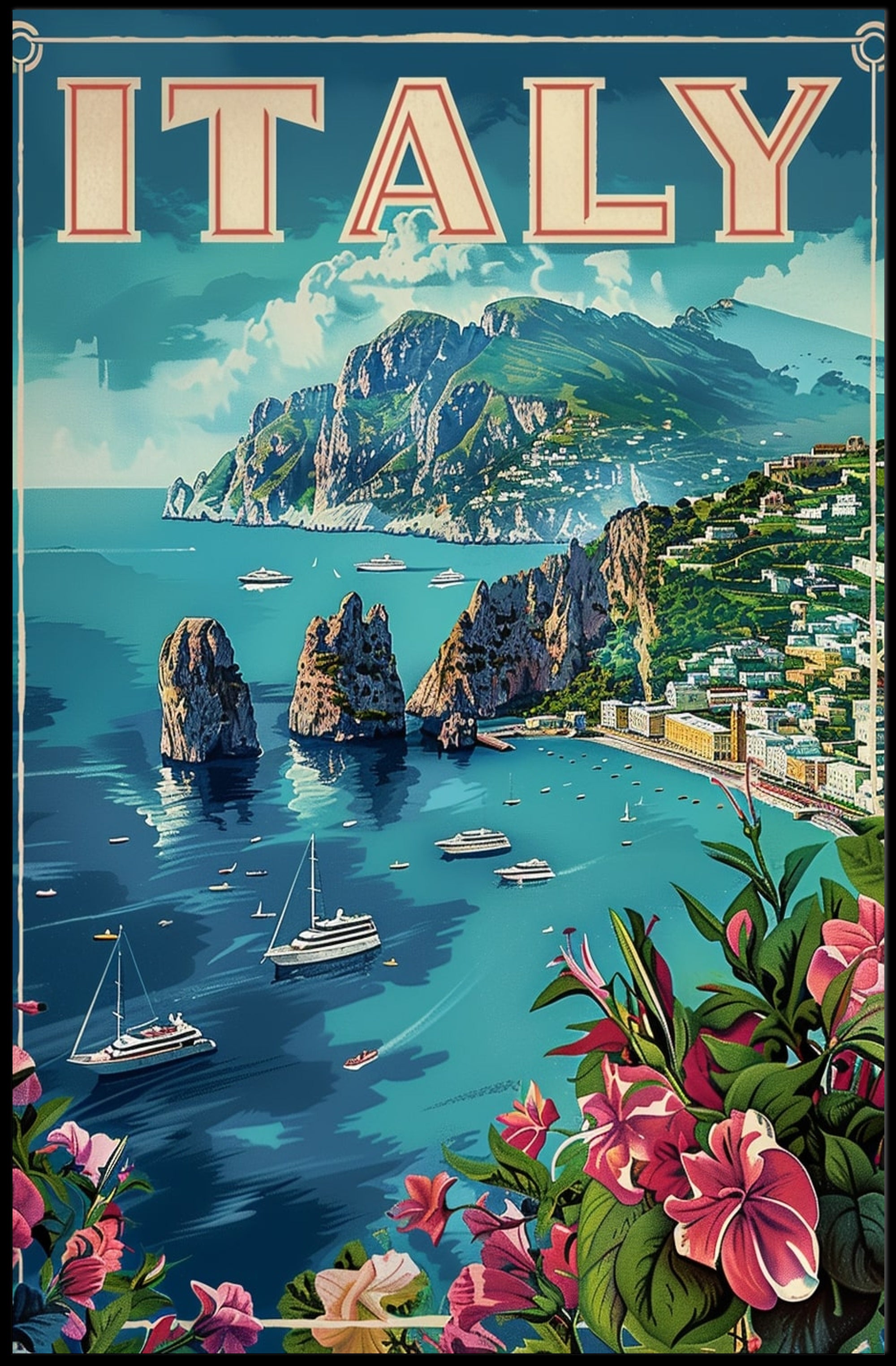 Italy Coastal View Vintage Travel Poster PosterGoat