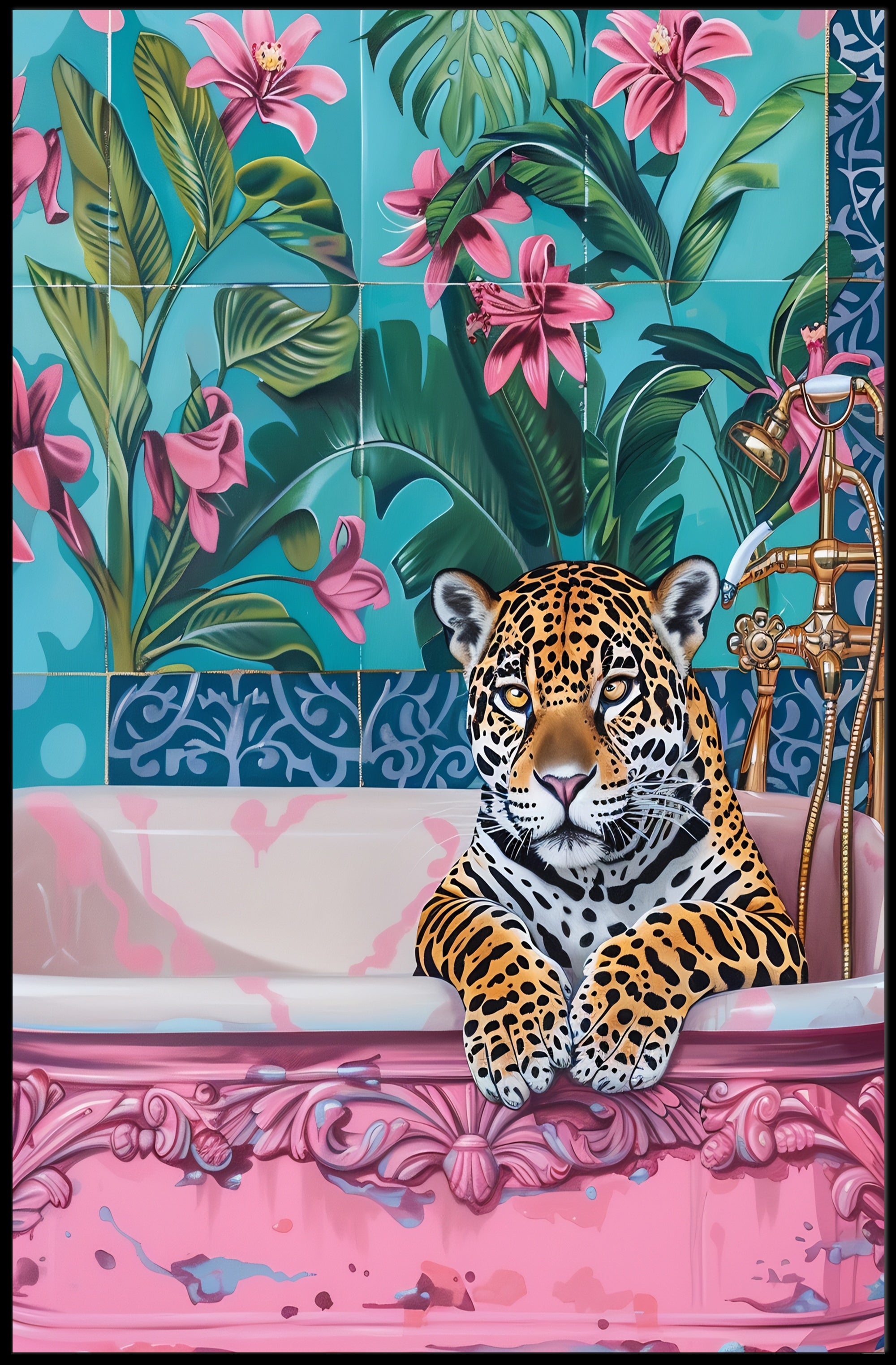 Jaguar in Bathtub Surrealism Art Animal Poster PosterGoat
