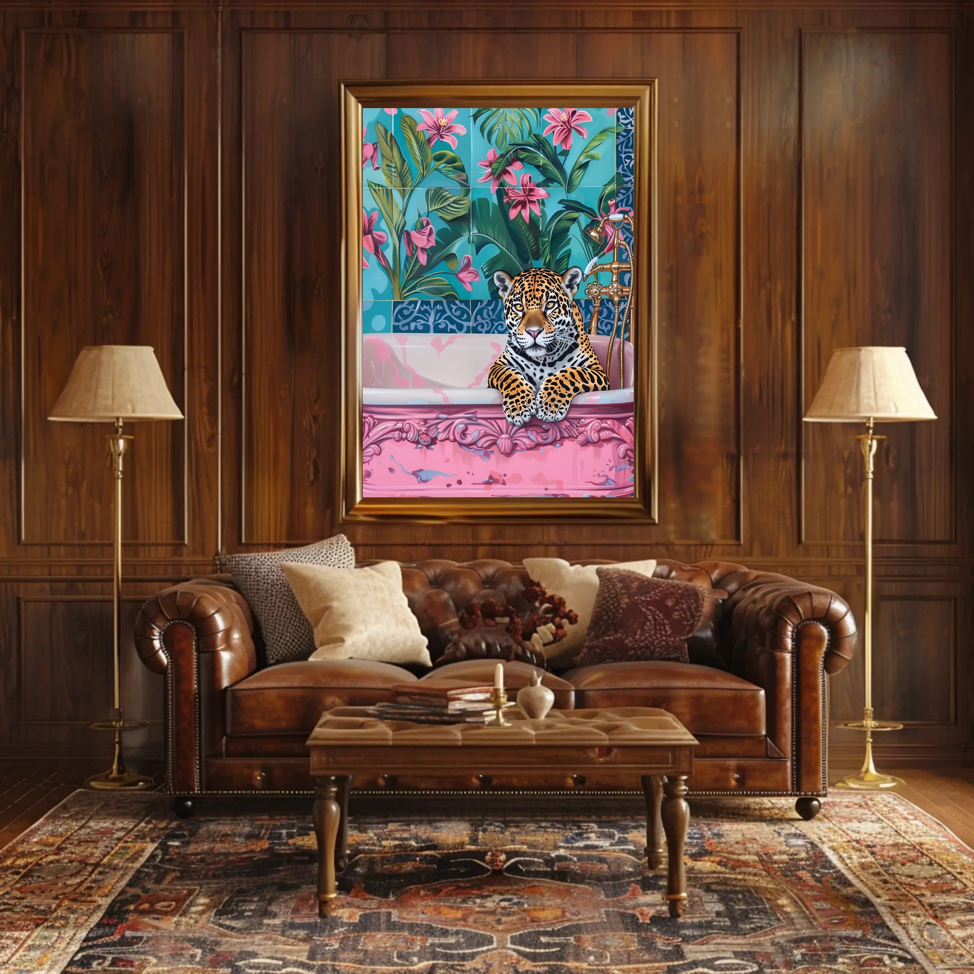 Jaguar in Bathtub Surrealism Art Animal Poster PosterGoat