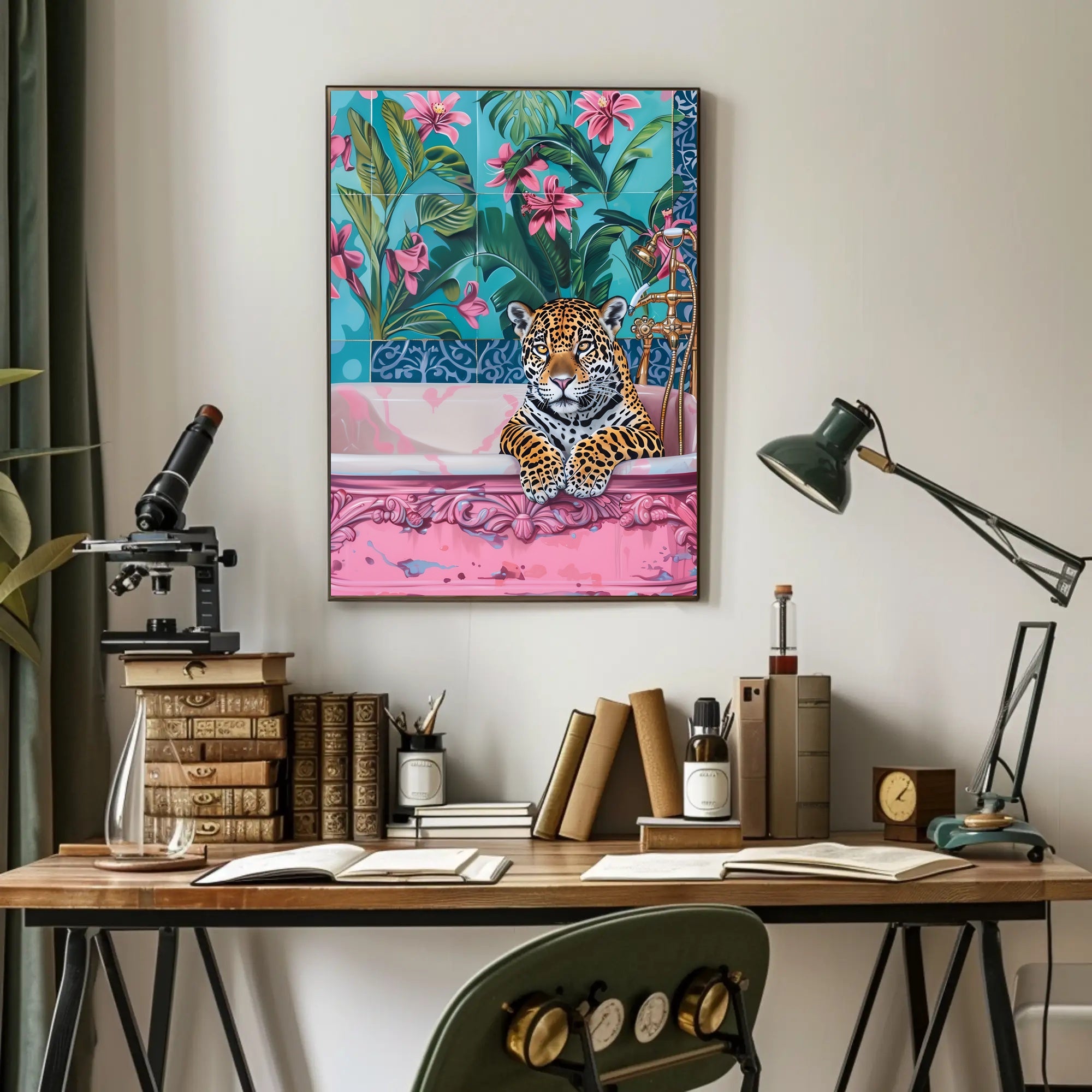 Jaguar in Bathtub Surrealism Art Animal Poster PosterGoat