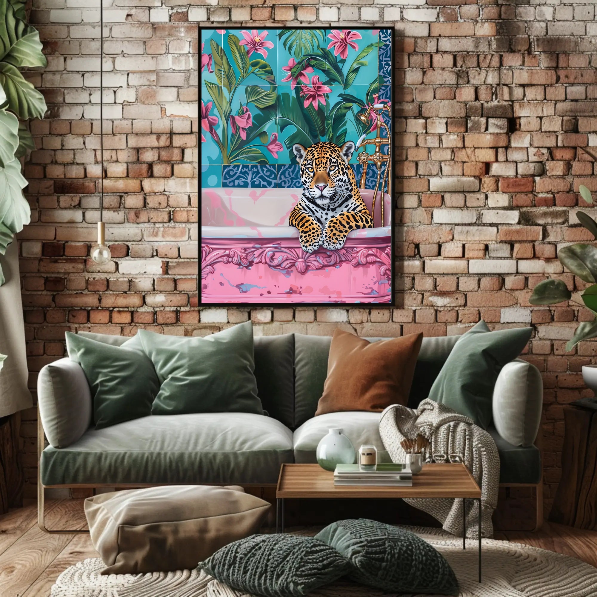 Jaguar in Bathtub Surrealism Art Animal Poster PosterGoat