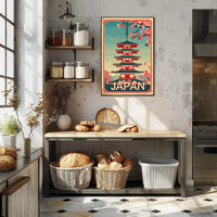 Japan Cherry Blossoms Vintage Pagoda Cultural or Heritage Poster PosterGoat