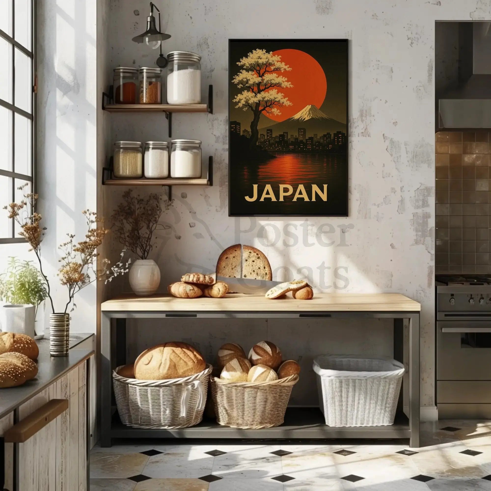 Japan Landscape Travel Poster Featuring Mount Fuji and Blossoms PosterGoat