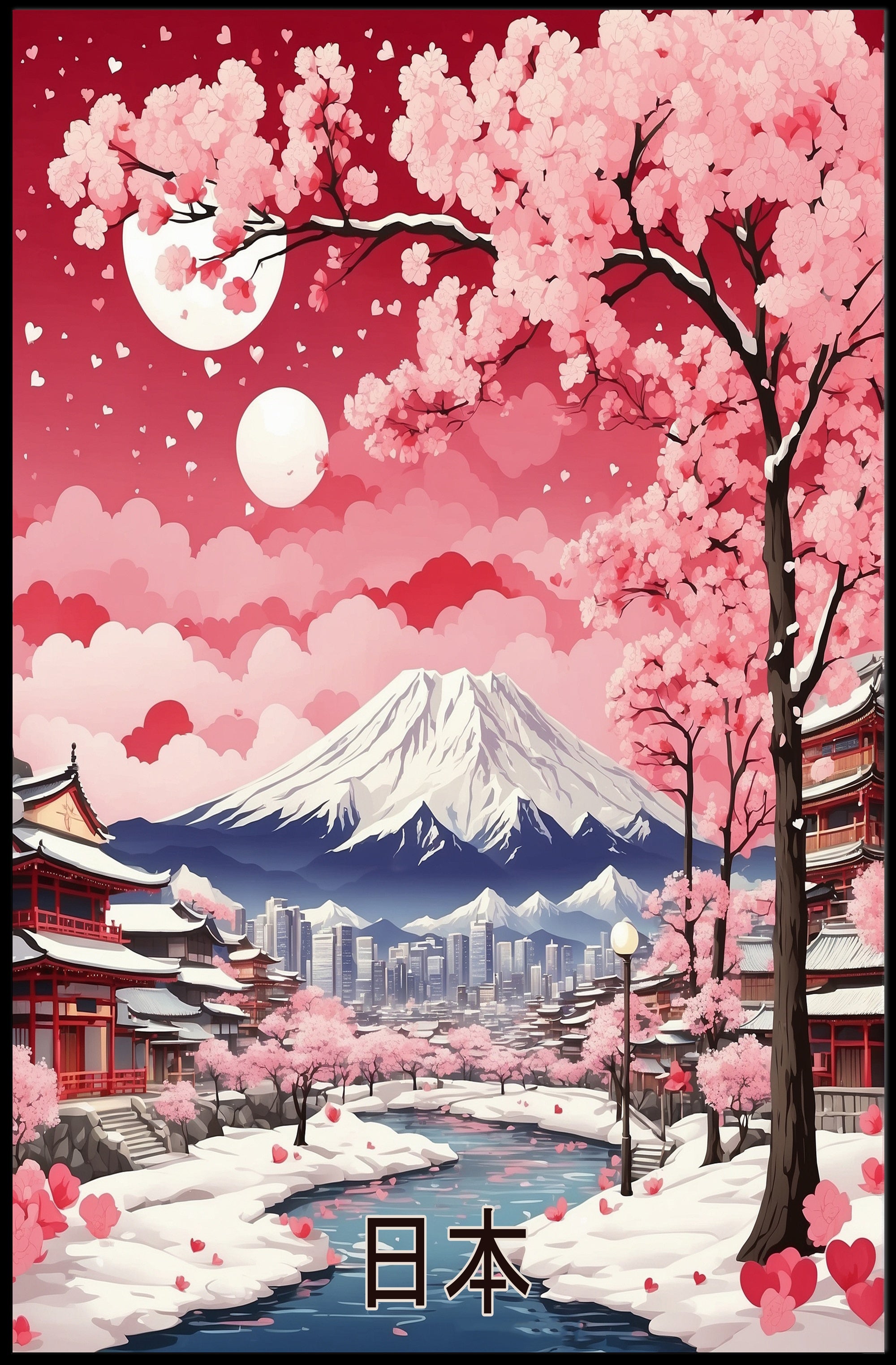 Japanese Cherry Blossom Landscape with Mount Fuji - Heritage Poster PosterGoat