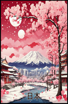 Japanese Cherry Blossom Landscape with Mount Fuji - Heritage Poster PosterGoat