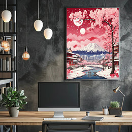 Japanese Cherry Blossom Landscape with Mount Fuji - Heritage Poster PosterGoat