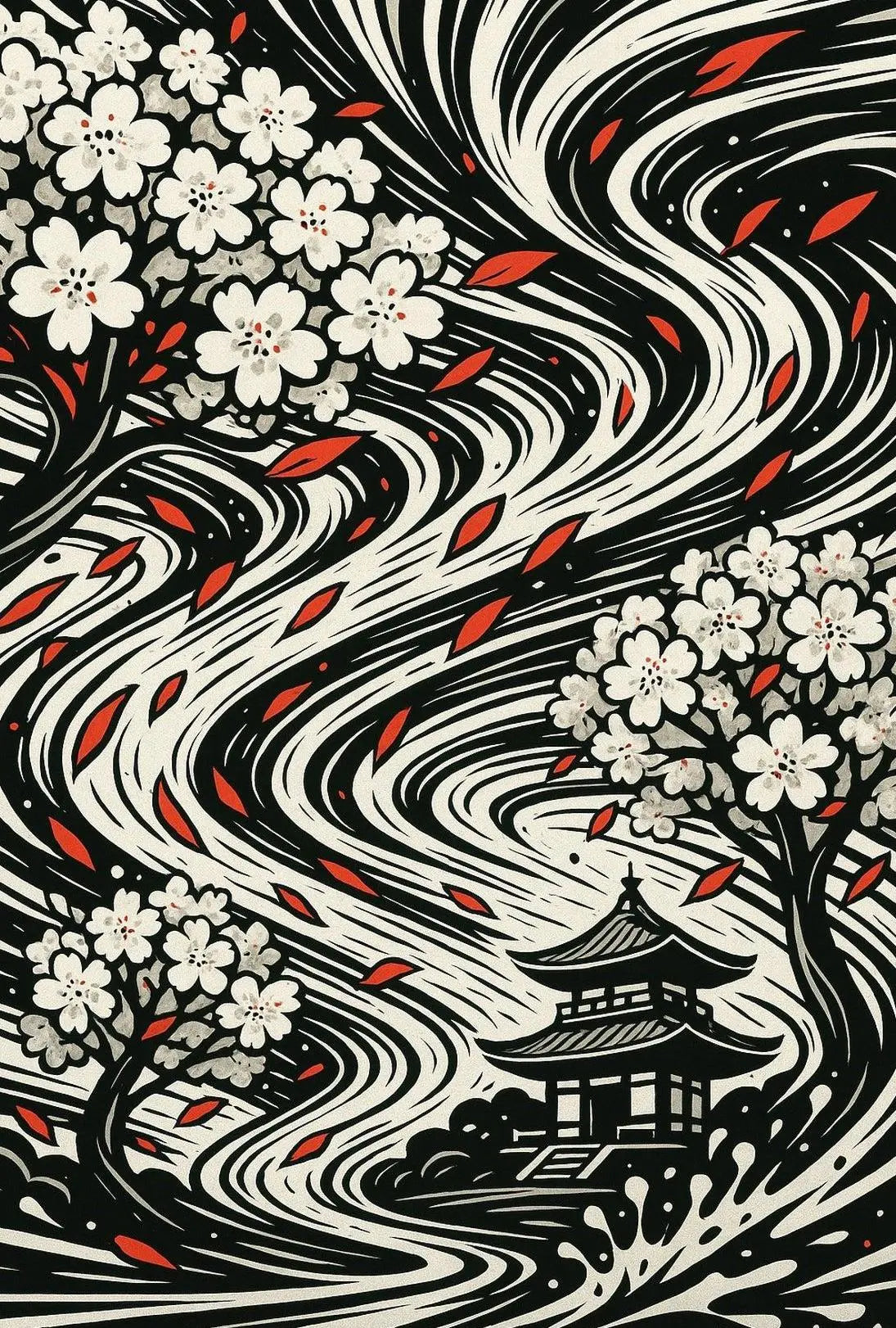 Japanese Cherry Blossom and Pagoda Art Print Cultural Poster PosterGoat