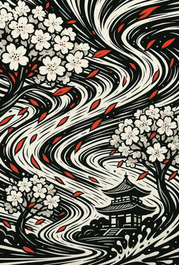 Japanese Cherry Blossom and Pagoda Art Print Cultural Poster PosterGoat
