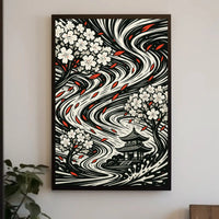 Japanese Cherry Blossom and Pagoda Art Print Cultural Poster PosterGoat