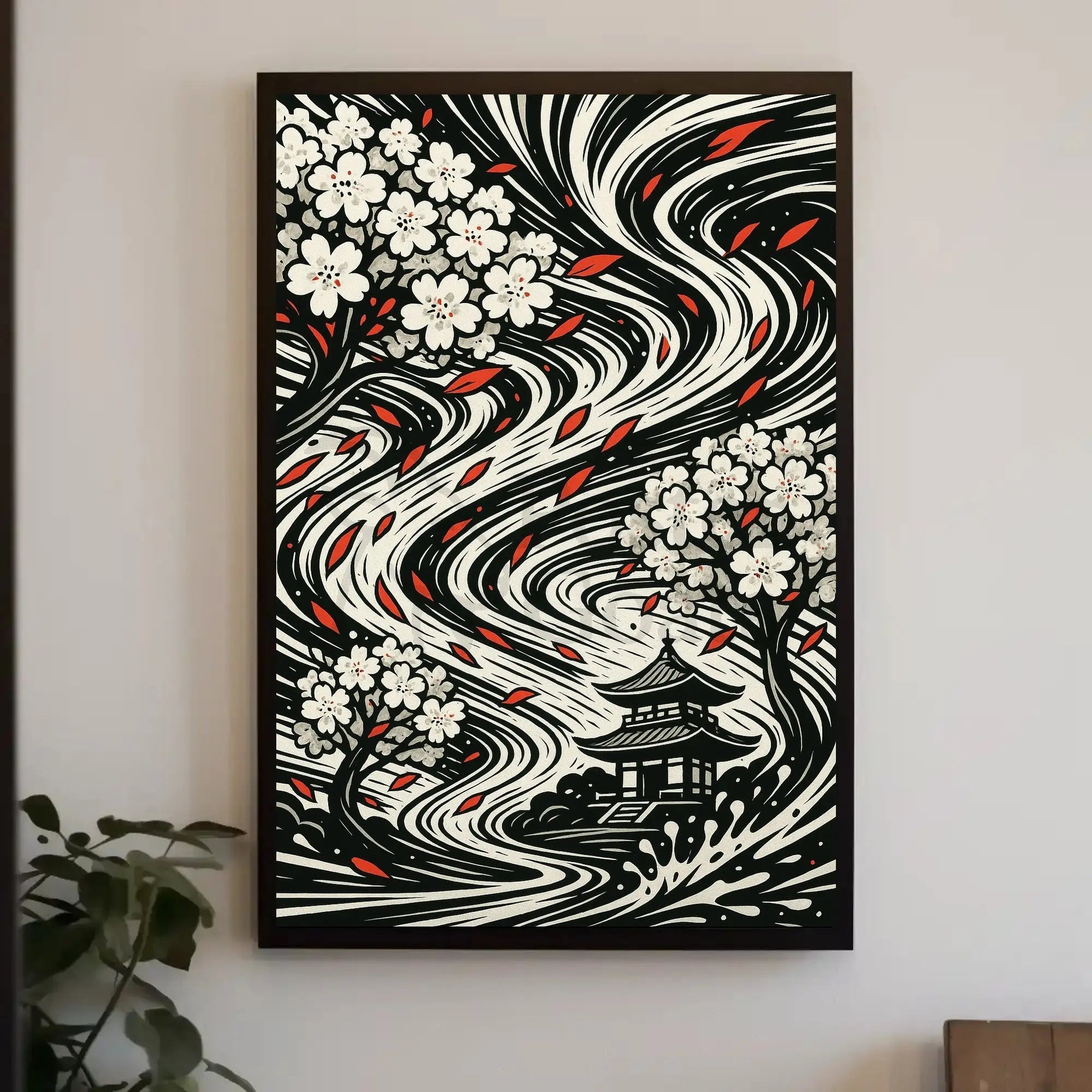 Japanese Cherry Blossom and Pagoda Art Print Cultural Poster PosterGoat