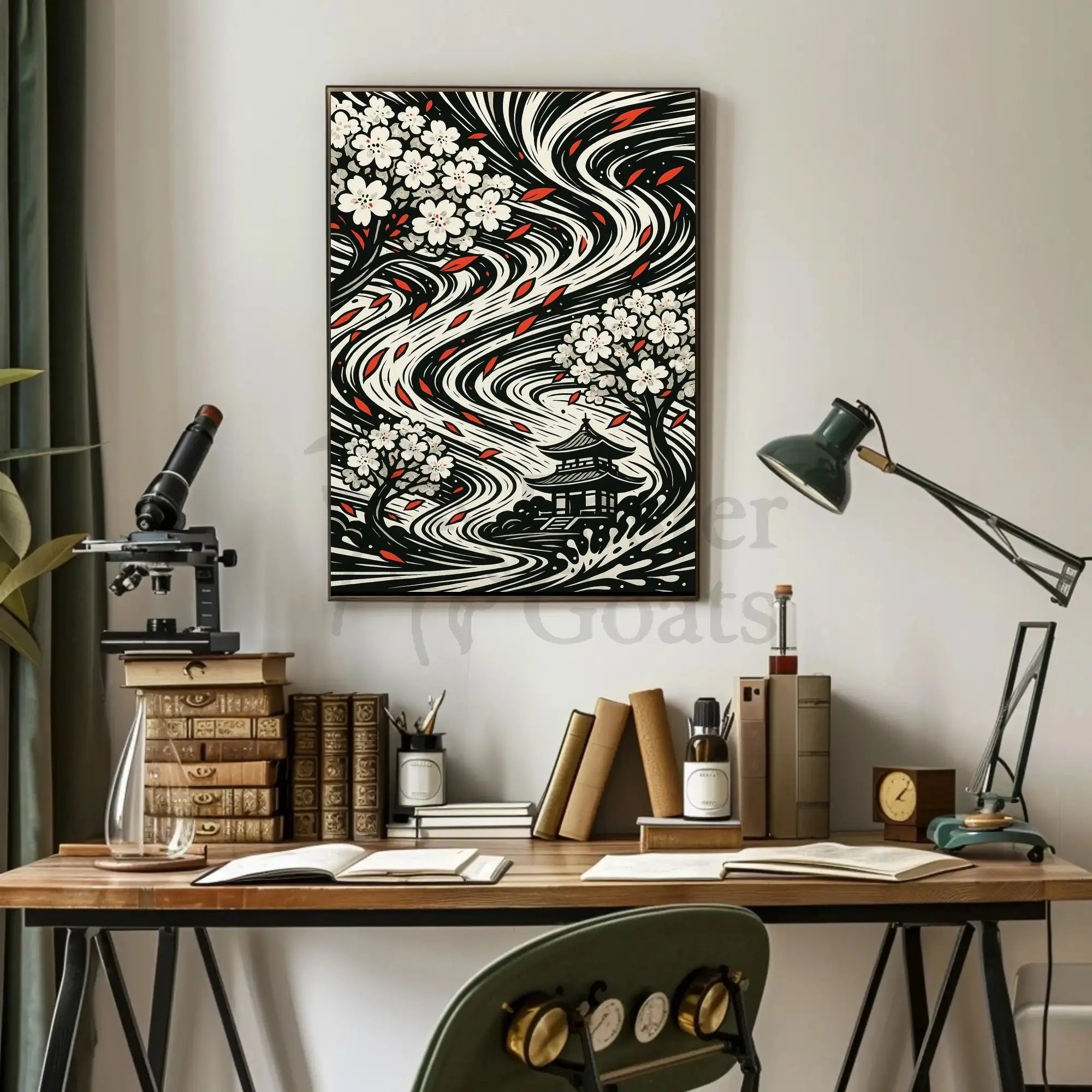 Japanese Cherry Blossom and Pagoda Art Print Cultural Poster PosterGoat