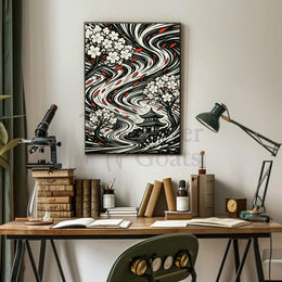 Japanese Cherry Blossom and Pagoda Art Print Cultural Poster PosterGoat