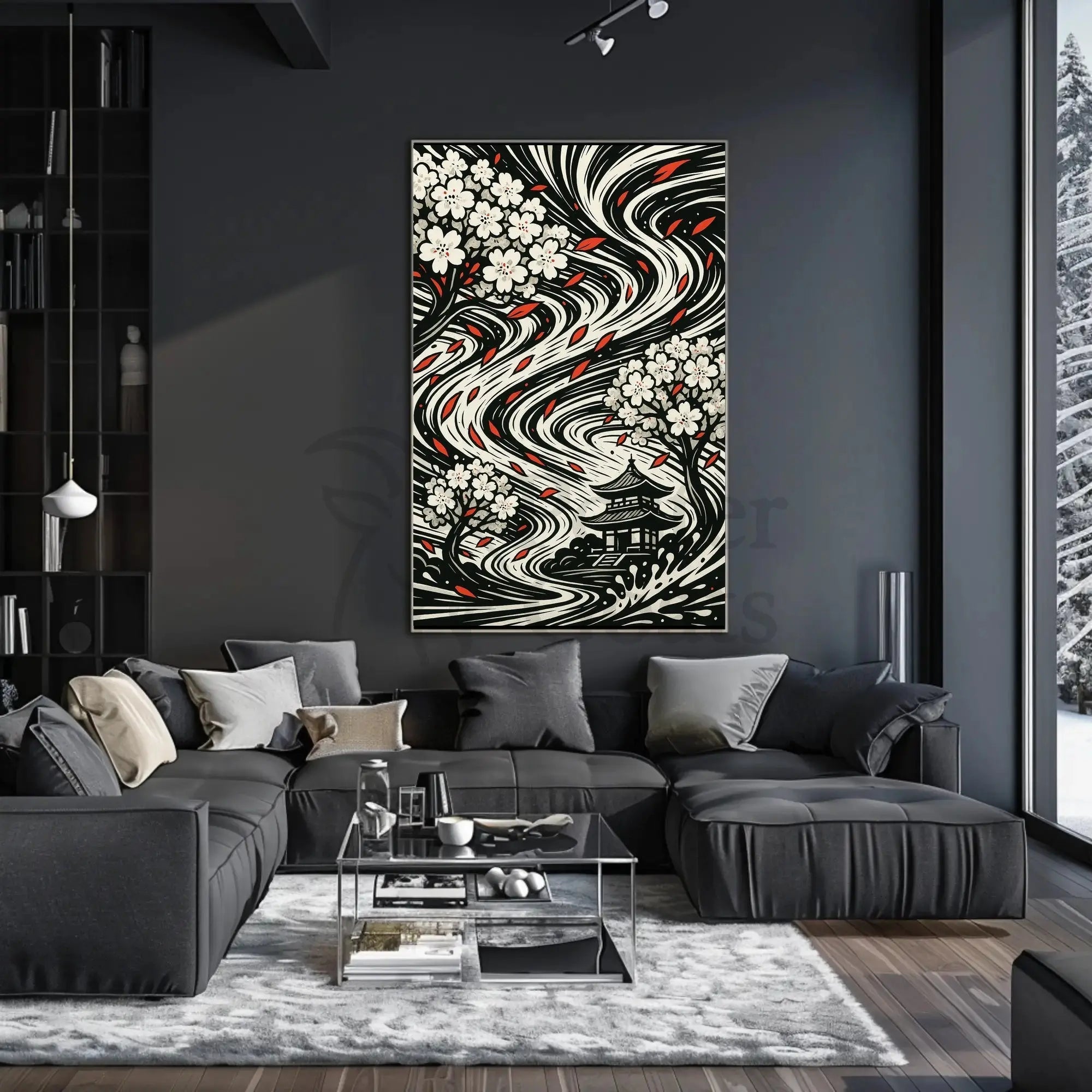 Japanese Cherry Blossom and Pagoda Art Print Cultural Poster PosterGoat
