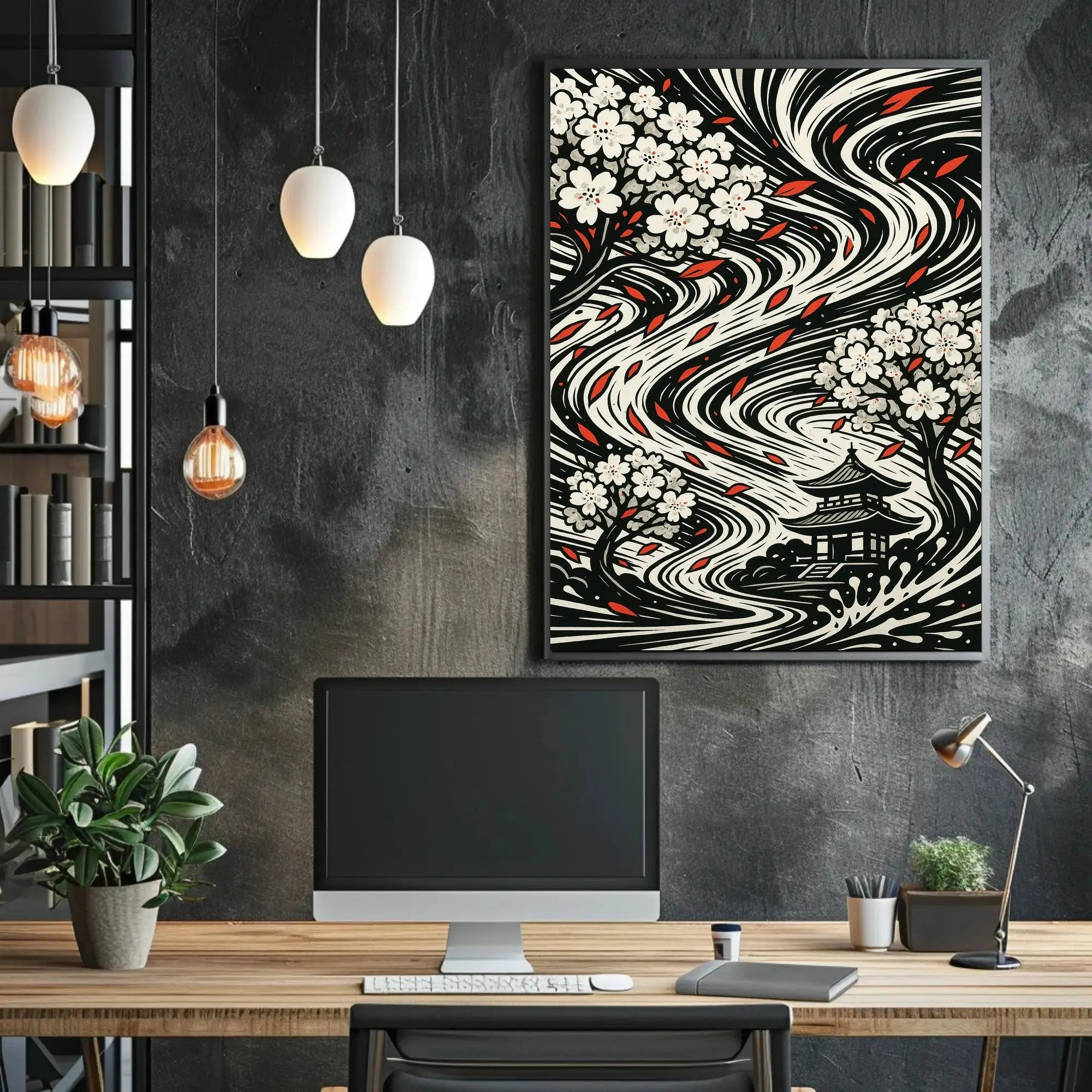 Japanese Cherry Blossom and Pagoda Art Print Cultural Poster PosterGoat