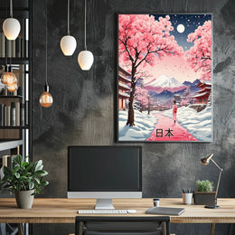 Japanese Cherry Blossoms Under Moonlight Cultural or Heritage Poster PosterGoat