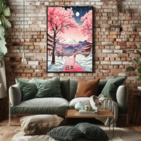 Japanese Cherry Blossoms Under Moonlight Cultural or Heritage Poster PosterGoat