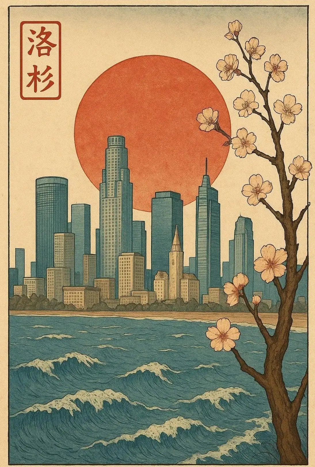 Japanese Cityscape with Cherry Blossoms Cultural Poster PosterGoat