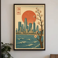 Japanese Cityscape with Cherry Blossoms Cultural Poster PosterGoat