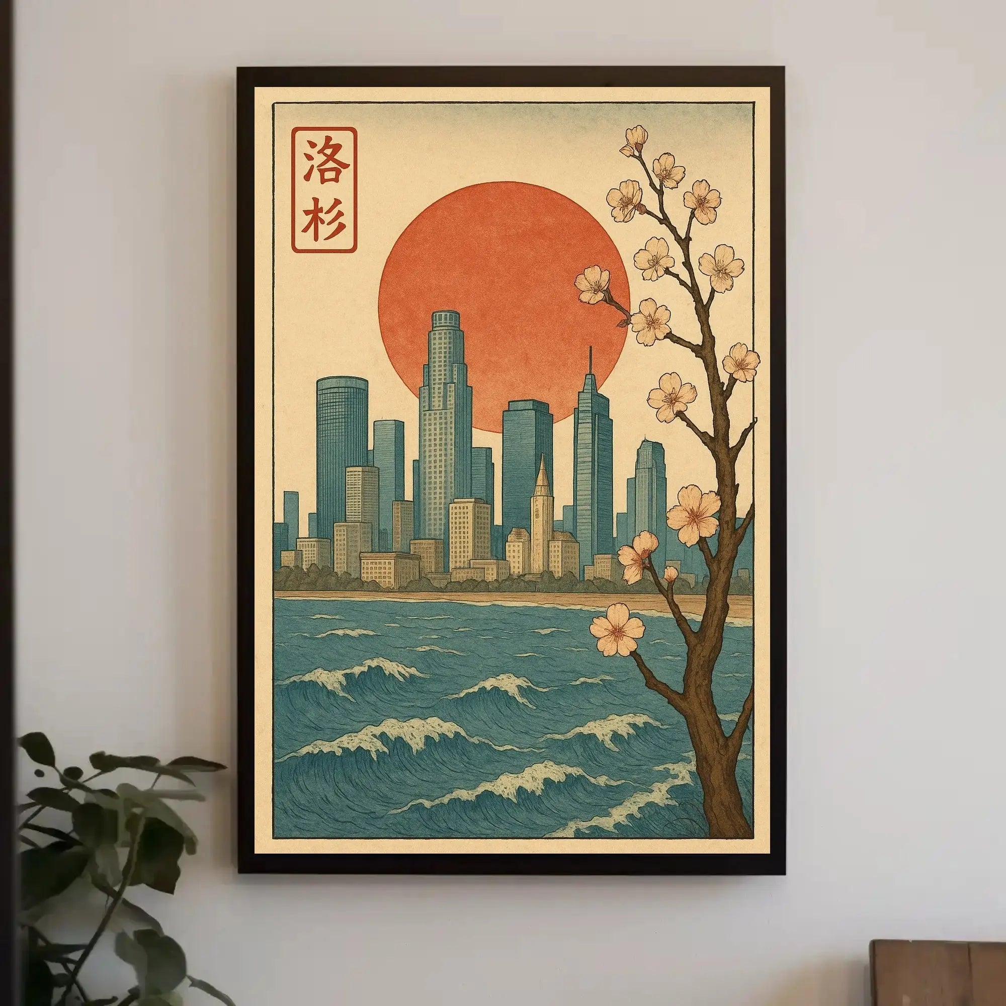 Japanese Cityscape with Cherry Blossoms Cultural Poster PosterGoat