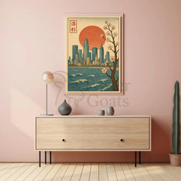 Japanese Cityscape with Cherry Blossoms Cultural Poster PosterGoat