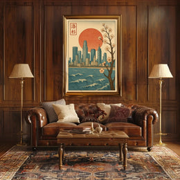 Japanese Cityscape with Cherry Blossoms Cultural Poster PosterGoat