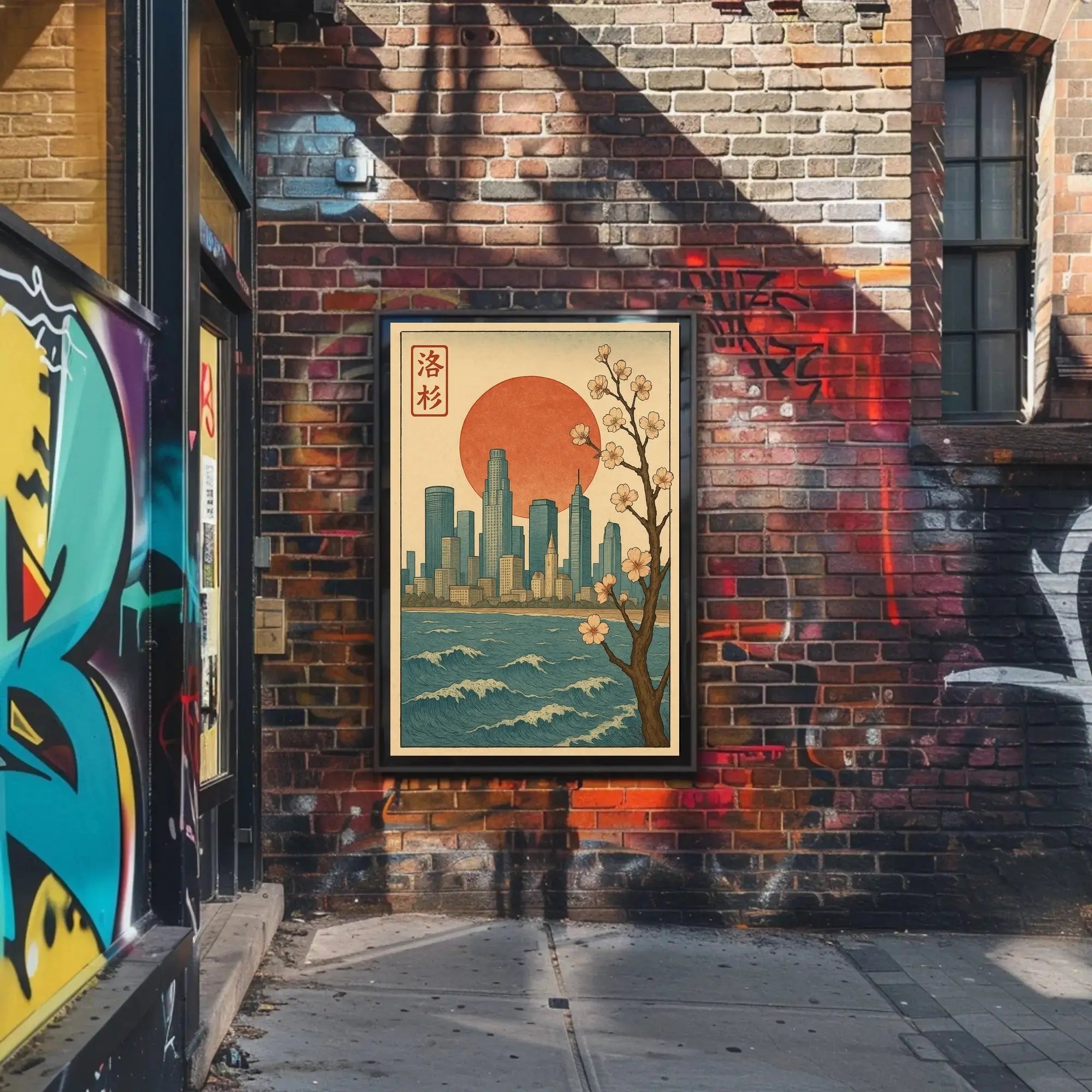 Japanese Cityscape with Cherry Blossoms Cultural Poster PosterGoat