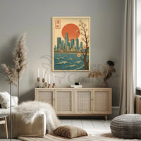Japanese Cityscape with Cherry Blossoms Cultural Poster PosterGoat