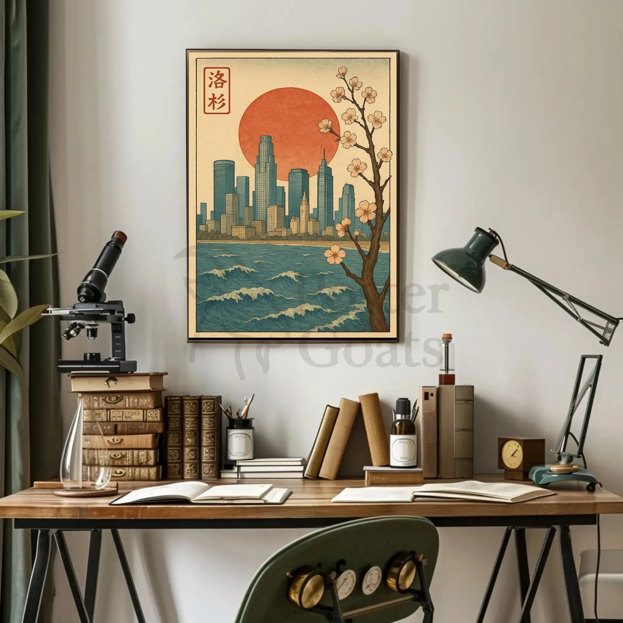 Japanese Cityscape with Cherry Blossoms Cultural Poster PosterGoat