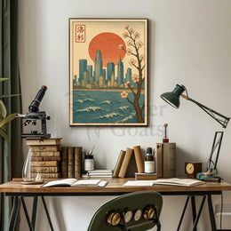 Japanese Cityscape with Cherry Blossoms Cultural Poster PosterGoat