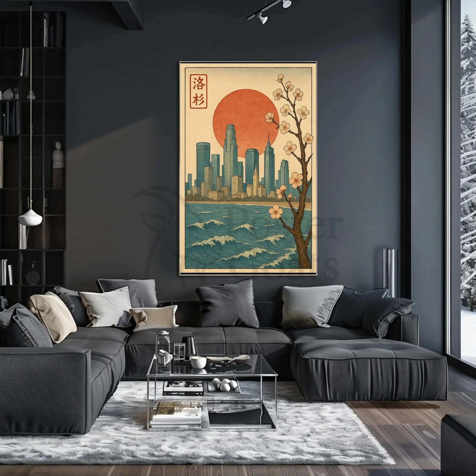 Japanese Cityscape with Cherry Blossoms Cultural Poster PosterGoat
