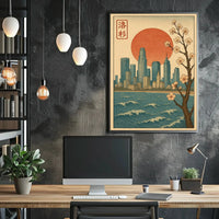 Japanese Cityscape with Cherry Blossoms Cultural Poster PosterGoat