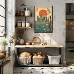 Japanese Cityscape with Cherry Blossoms Cultural Poster PosterGoat