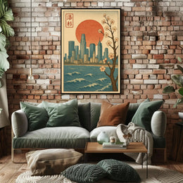 Japanese Cityscape with Cherry Blossoms Cultural Poster PosterGoat