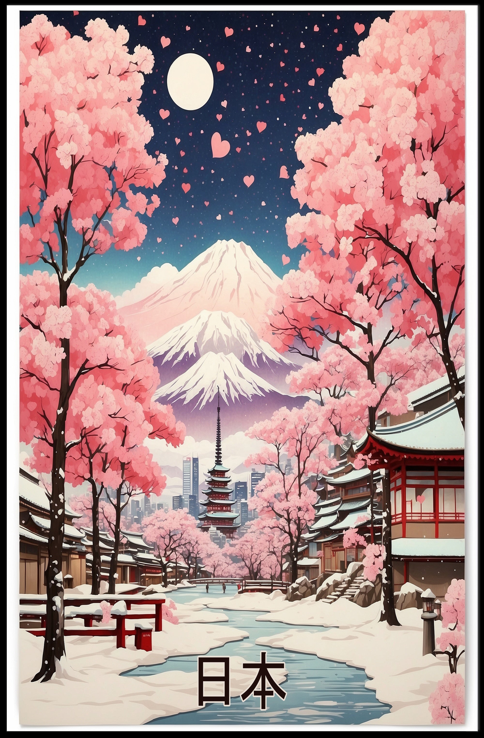 Japanese Landscape with Full Moon: Fantasy or Mythology Poster PosterGoat