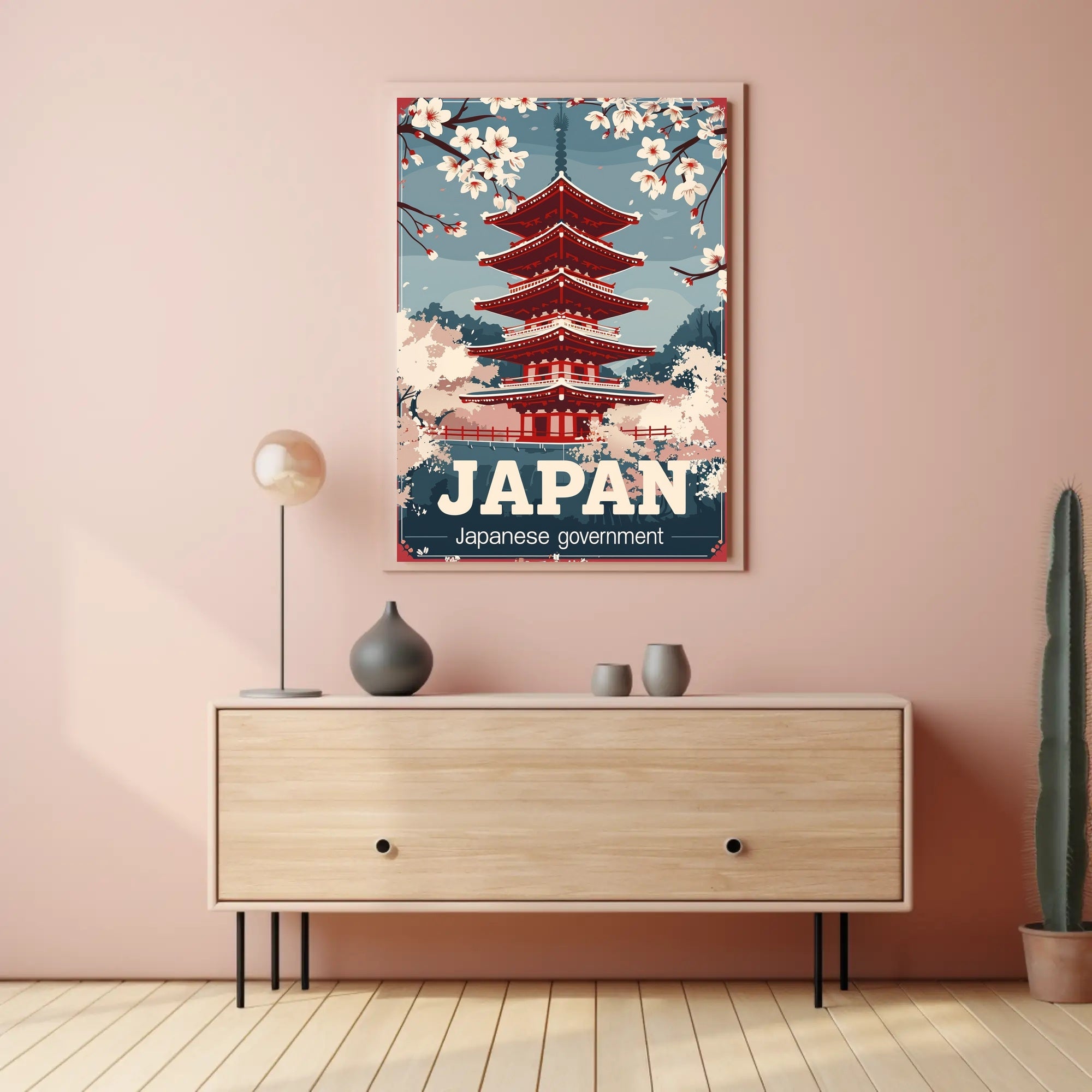 Japanese Pagoda Cherry Blossom Vintage Cultural or Heritage Poster PosterGoat