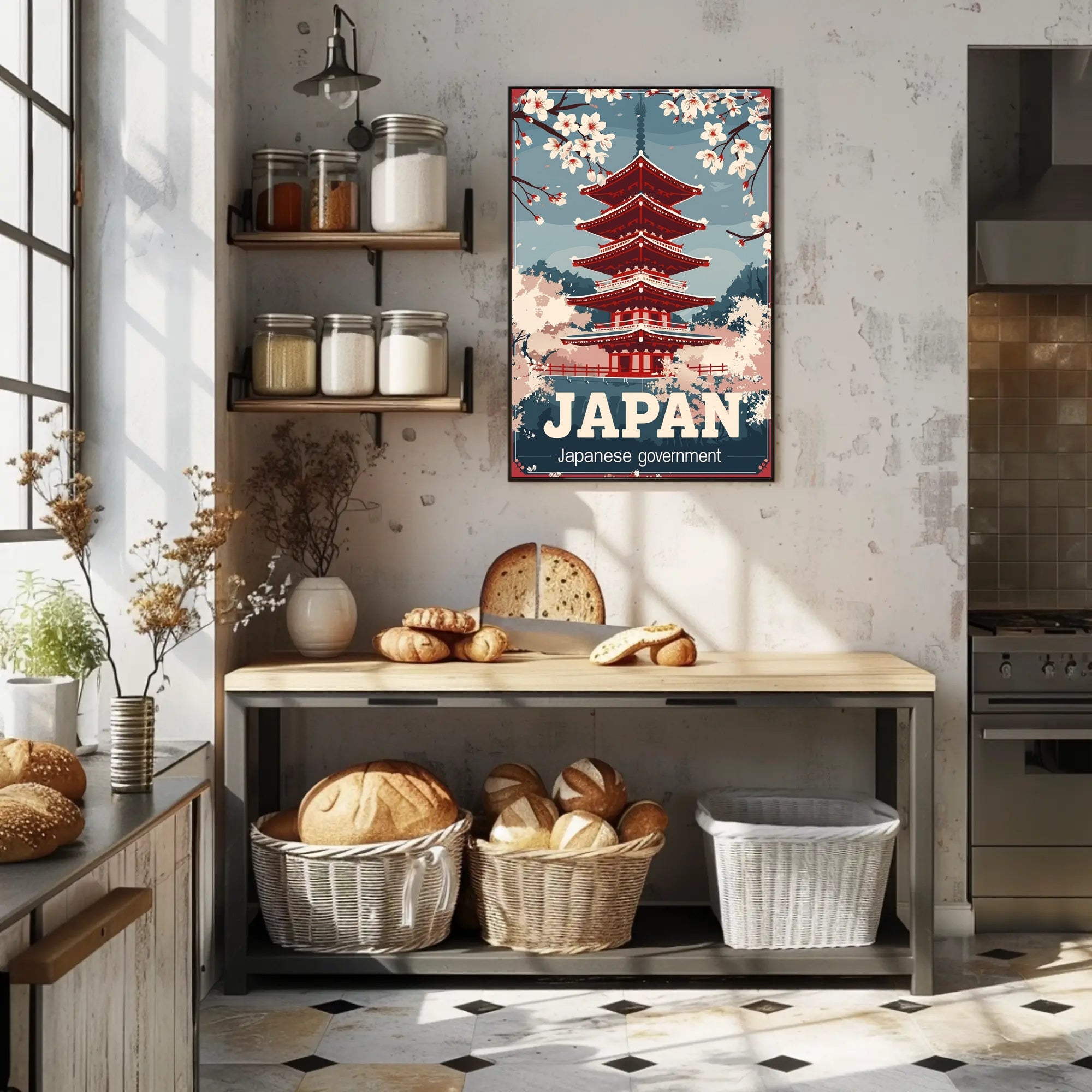 Japanese Pagoda Cherry Blossom Vintage Cultural or Heritage Poster PosterGoat