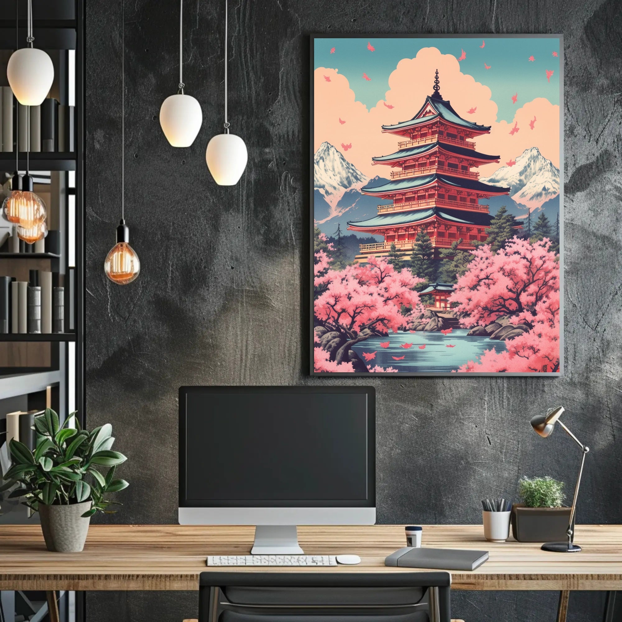 Japanese Pagoda Cherry Blossoms Heritage Poster PosterGoat