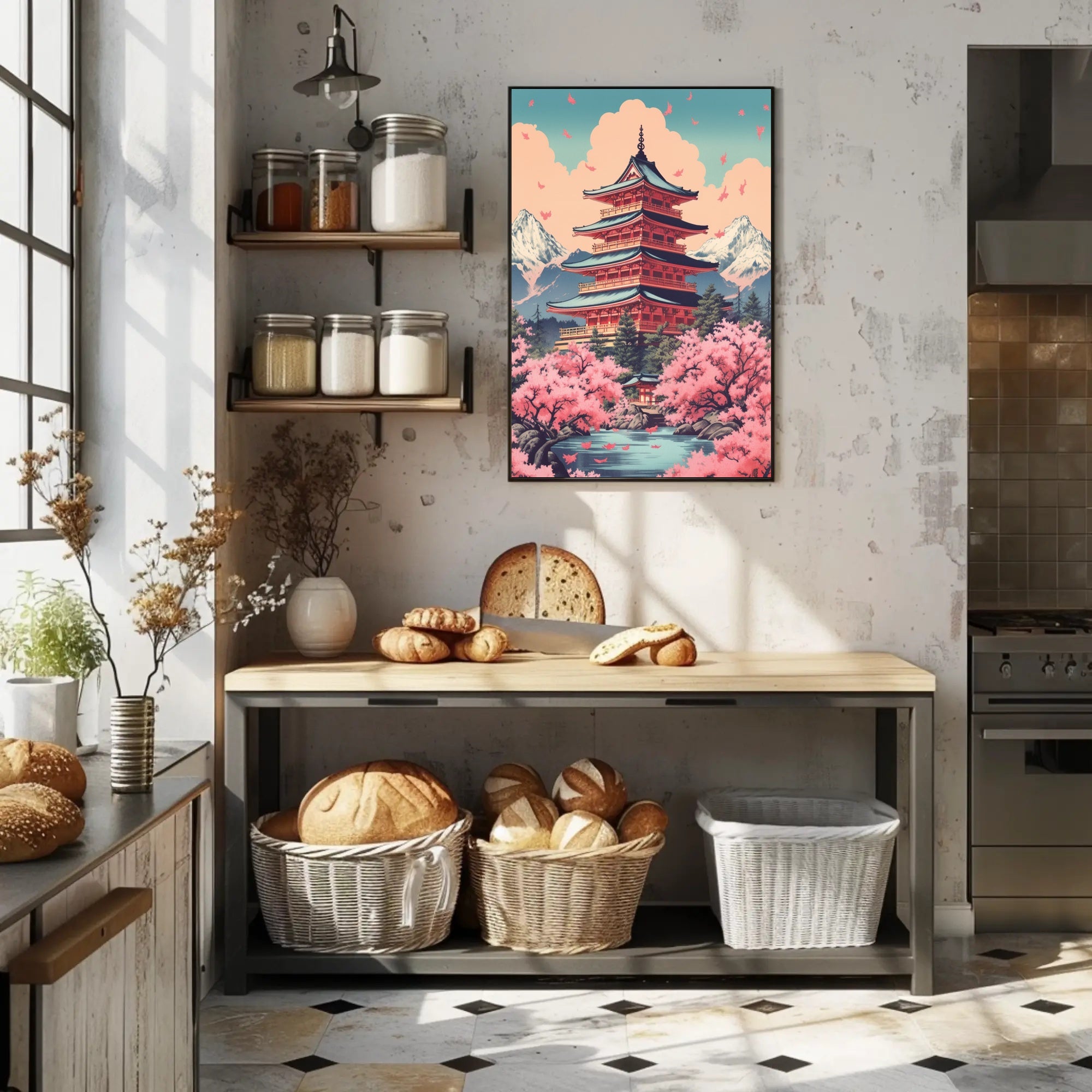 Japanese Pagoda Cherry Blossoms Heritage Poster PosterGoat