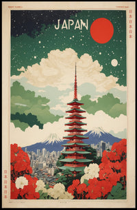Japanese Pagoda Nightscape With Floral Elegance Cultural or Heritage Poster PosterGoat