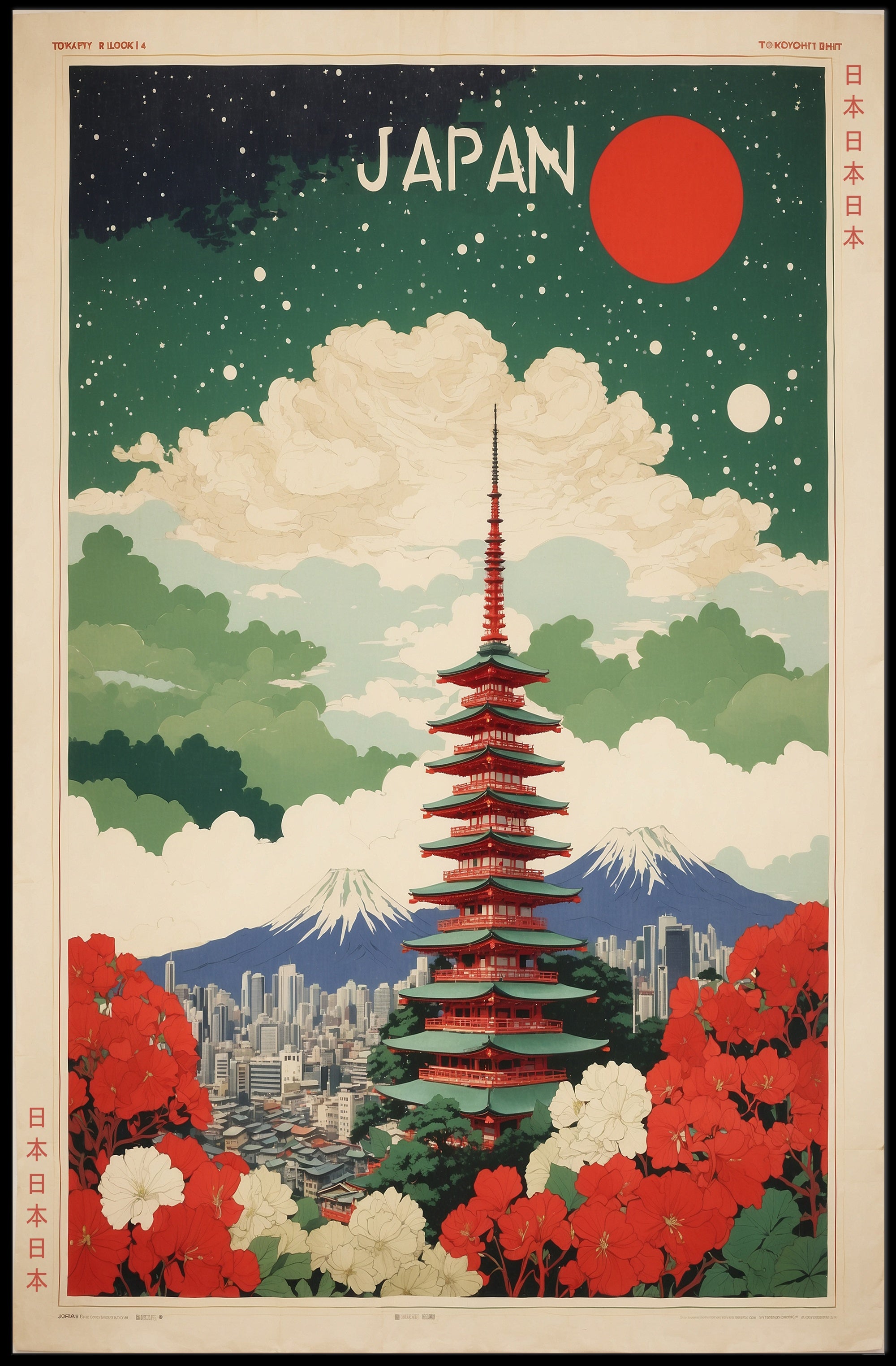 Japanese Pagoda Nightscape With Floral Elegance Cultural or Heritage Poster PosterGoat