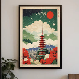 Japanese Pagoda Nightscape With Floral Elegance Cultural or Heritage Poster PosterGoat