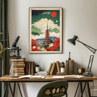 Japanese Pagoda Nightscape With Floral Elegance Cultural or Heritage Poster PosterGoat