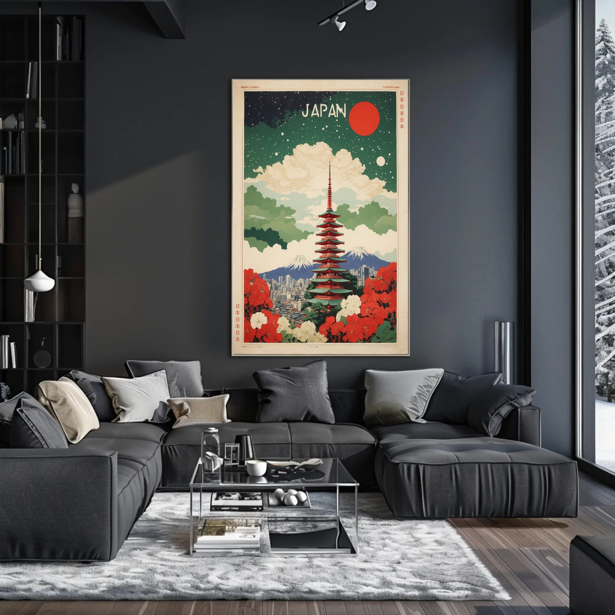 Japanese Pagoda Nightscape With Floral Elegance Cultural or Heritage Poster PosterGoat
